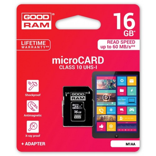  Atmiņas karte Goodram microSD 16Gb (class 10)+SD adapter 
